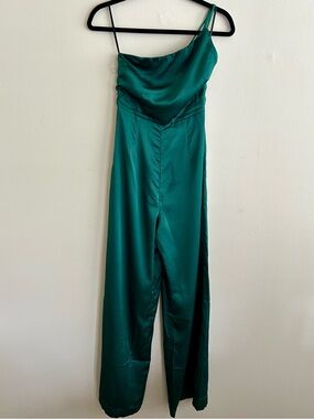 Hello Molly Emerald Green Satin One-Shoulder Jumpsuit with Wide Legs